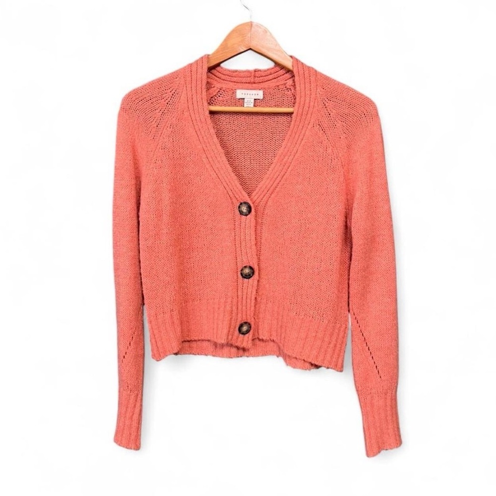 Topshop Croppd Coral Pink Chunky Knit V-Neck Button Up Cardigan, VSCO Soft Girl